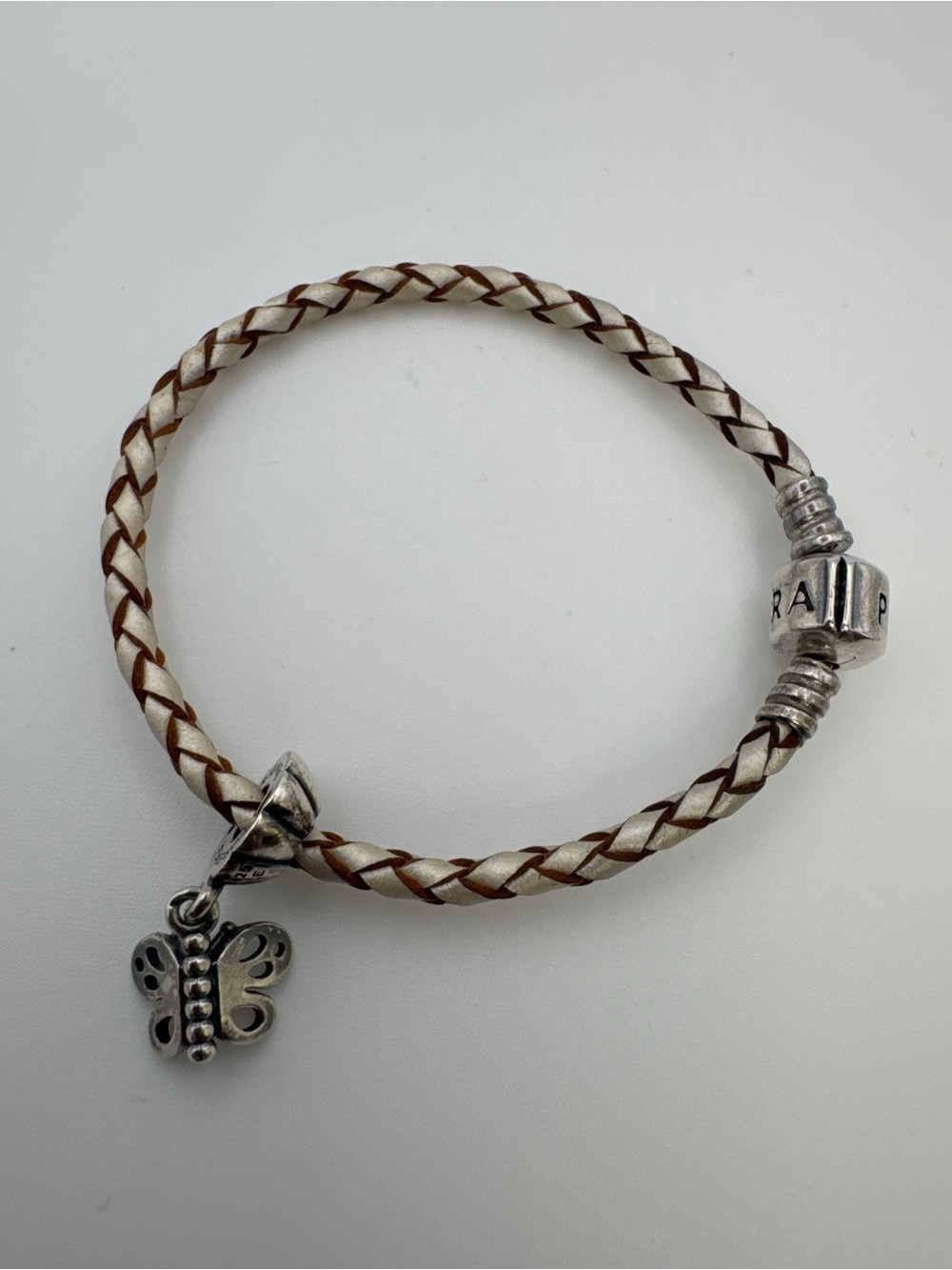 PANDORA Cream Braided Leather Bracelet & 925 Friends Forever Butterfly Dangle